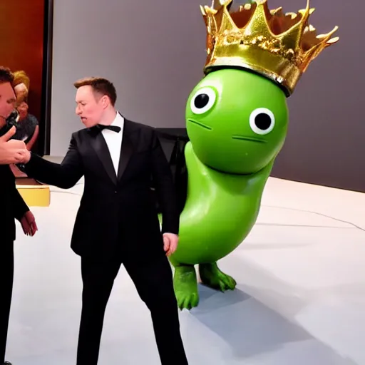 Prompt: Elon Musk shaking hands with an extraterrestrial alien with slimy green skin, googly eyes, and a golden crown