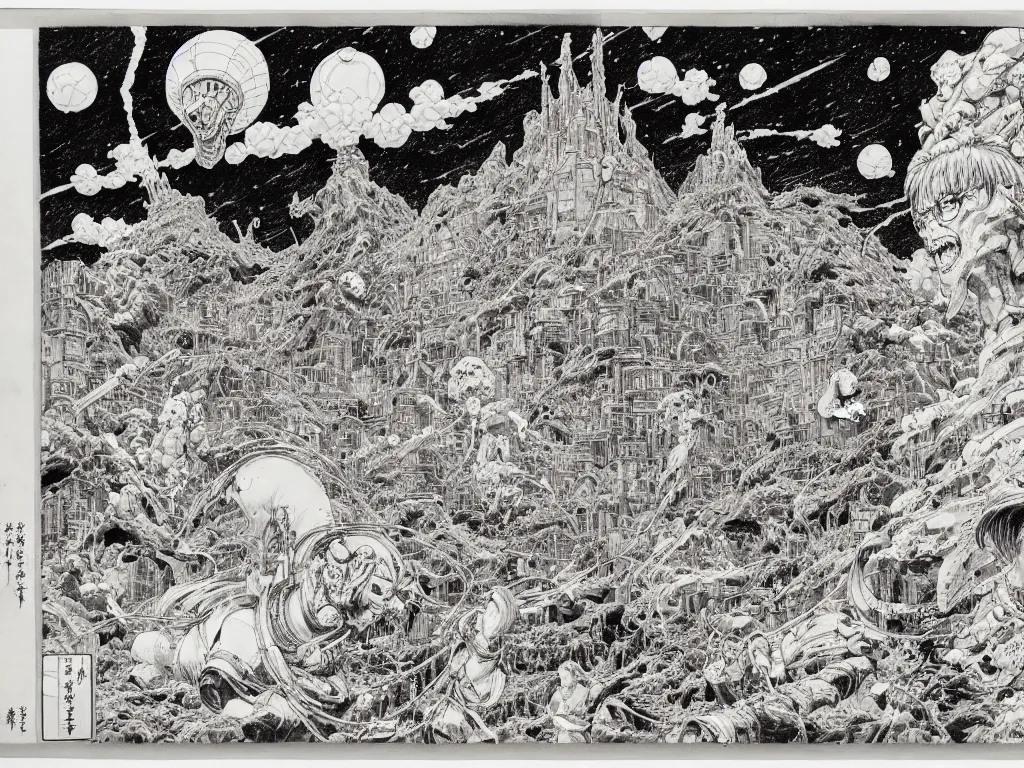 Prompt: prompt: Scene with the main Character in center drawn by Katsuhiro Otomo, epic scenery, on the sides alchemical artifacts and mysterious entities attributes and trinkets, clean ink detailed line drawing, intricate detail, manga 1990