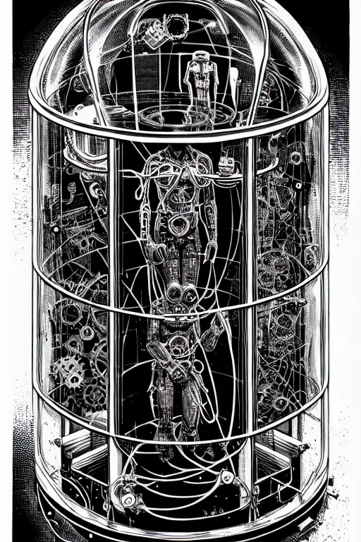 Image similar to steampunk cryo chamber containing a humanoid, high details, intricately detailed, by vincent di fate, inking, 3 color screen print, masterpiece, trending on artstation,, sharp, details, hyper - detailed, hd, 4 k, 8 k