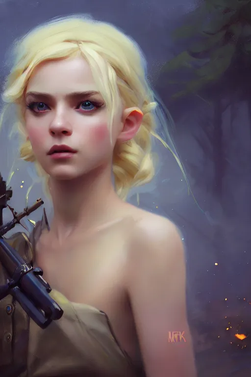 Image similar to cinematic shot of an epic portrait of a cute blonde fairy dressed in military clothes, stylised military clothes, shiny skin, beautiful eyes, beautiful, small details, night setting, realistic poster with volumetric light from jeremy lipkin and michael garmash, craig mallism, artgerm, unreal engine, radiant light, digital art, trends at art station, a masterpiece