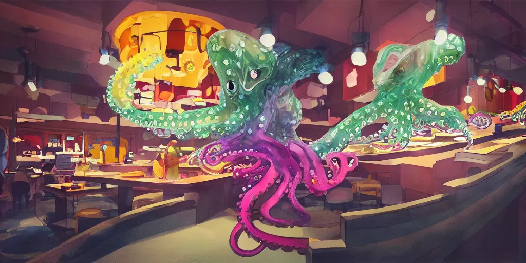 Image similar to concept photo highly detailed rendering of, a giant translucent colorful octapus stealing all the knives from a sushi restaurant at 3 am in the morning, humorous and weird, dramatic cinematic lighting