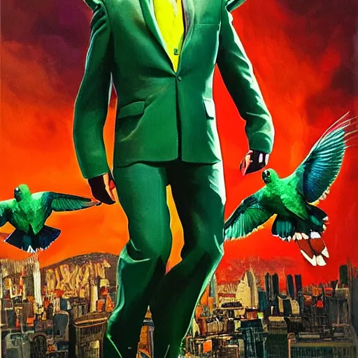 Image similar to action green suit Pigeon hero Sam Raimi and Jon Watts blockbuster movie poster, featuring Marvel Majestic Fat Pigeon in a extravagant full pigeon green body suit by Alex Ross, oil painting