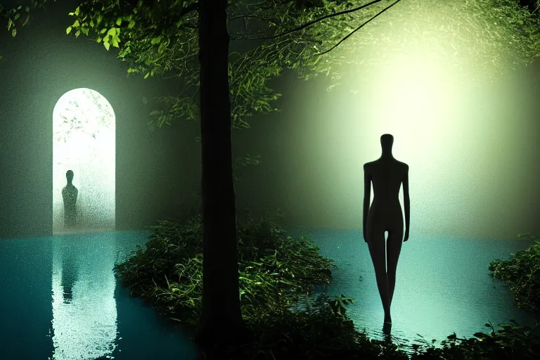 Prompt: beautiful 3 d render of a mannequin in a forest, a doorway opening with rgb light, in water, dark moon in background, moody, award - winning, 4 k, trending on artstation, photorealistic, volumetric lighting, octane render