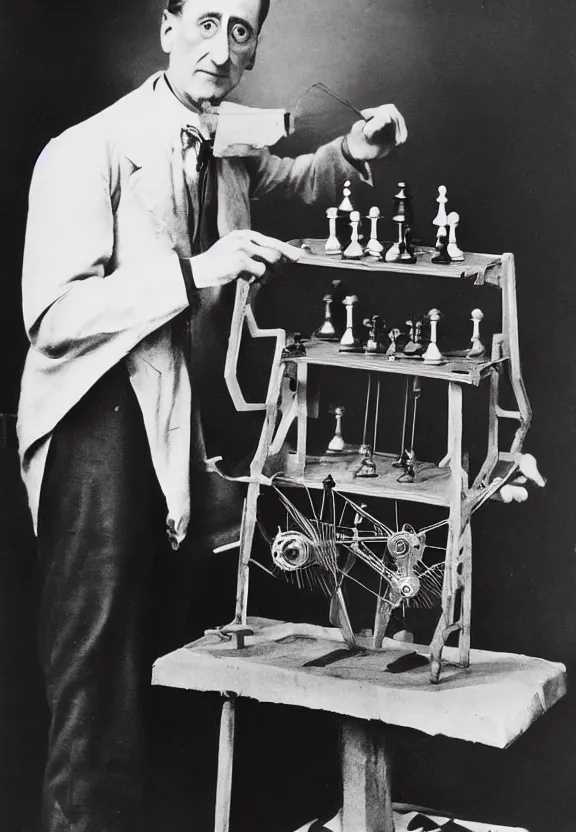 Image similar to marcel duchamp holding up a chess - piece wire - machine, a surrealist painting by marcel duchamp, complex artificial - intelligence machinery, flickr contest winner, studio portrait, 1 9 2 0 s