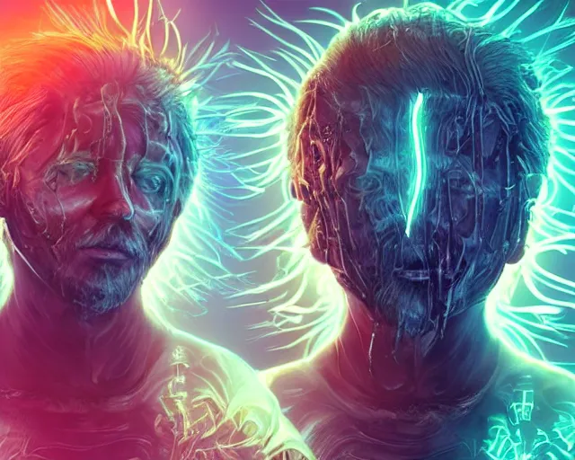 Image similar to glowing hair, complex cybernetic beings, beautiful hairy humanoids, cybermagnetosphere, cybernetic civilizations, ornate hair, love, joy, vortexes, large arrays, data holograms, 8 k, cinematic light shadows, wet hdr refractions, *, * * *, * * * * *