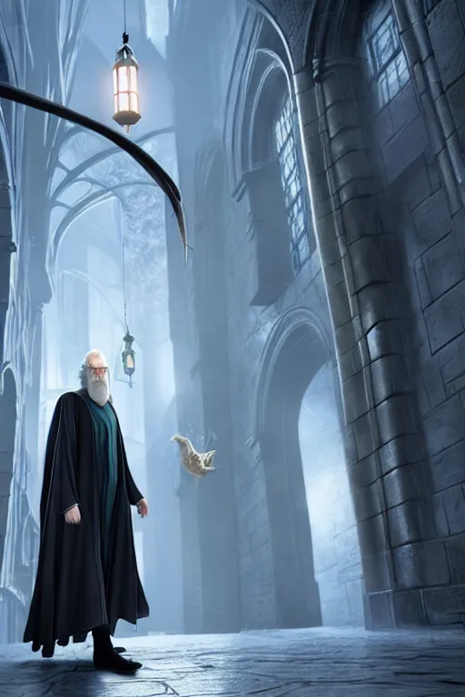 Prompt: harry potter is dumbledore, concept art by senior character artist, cgsociety, photorealism, rendered in unreal engine, official art, cold hue's