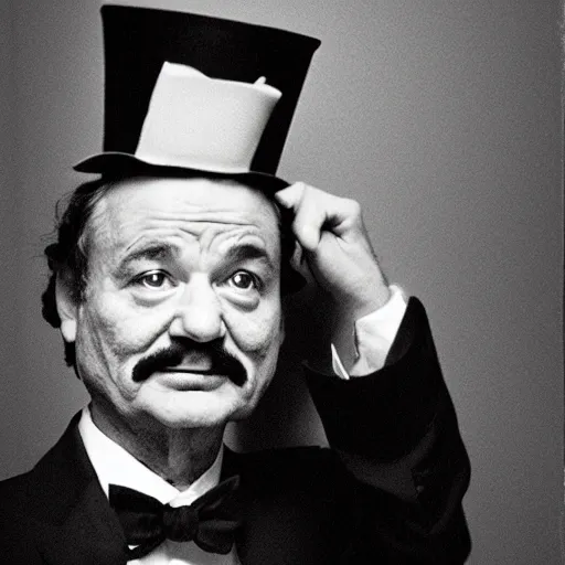 Prompt: black and white mugshot, bill murray, he is wearing a top hat, wearing bandit mask, bow tie bandit