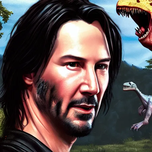 Prompt: a hyper real comic book style portait painting of keanu reeves in the stone age with dinosaurs, unreal 5, hyperrealistic, octane render, cosplay, rpg portrait, dynamic lighting