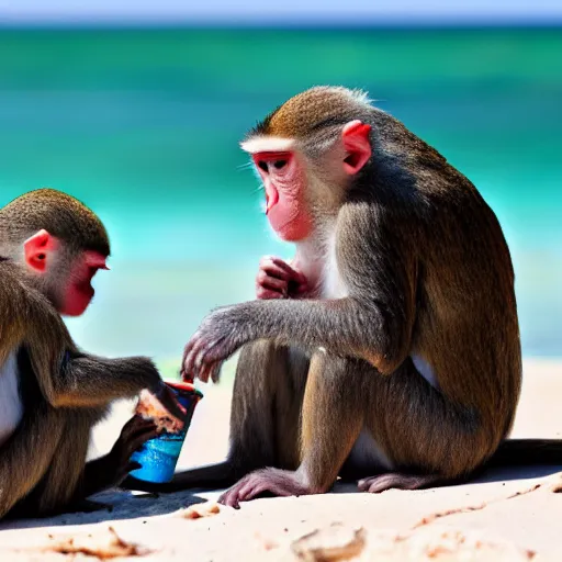 Image similar to two monkeys sipping ice coffee at a beach in the Caribbean