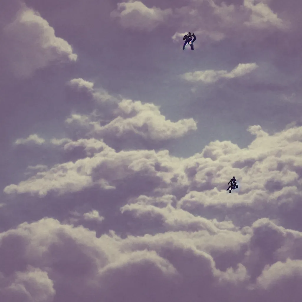 Image similar to a scubadiver floating above the clouds, digital illustration