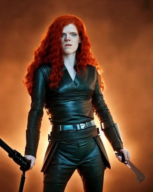 Prompt: rose leslie portraying a beautiful mara jade from star wars legends, in a black suit, without lightsaber, movie, hyper realistic, hollywood promotional image, imax, 8 k