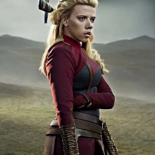 Prompt: starfleet uniform, portrait of scarlett johansson as lagertha, in starfleet uniform, from the tv series vikings