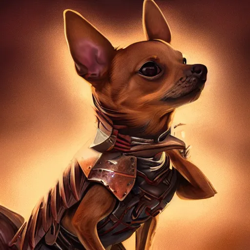 Image similar to tan coloured chihuahua Dog, battle armour, Anthropomorphized, casting epic spell, magic the gathering artwork, D&D, fantasy, cinematic lighting, centered, symmetrical, highly detailed, digital painting, artstation, concept art, smooth, sharp focus, illustration, volumetric lighting, epic Composition, 8k, art by Akihiko Yoshida and Greg Rutkowski and Craig Mullins, heroic pose, oil painting, cgsociety, magic lab background