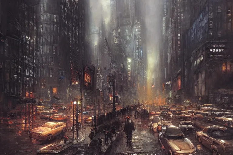 Prompt: New York City, moody scene, highly detailed, intricate, sharp details, dystopian mood, 1950 scene by gaston bussiere, craig mullins, somber lighting, drawn by Giacomo Burattini, inspired by graphic novel cover art