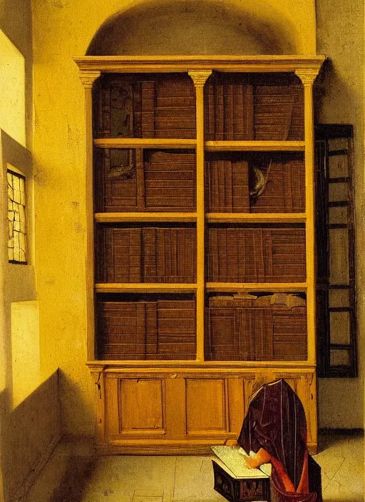 Image similar to bookshelf with books, medieval painting by jan van eyck, johannes vermeer, florence