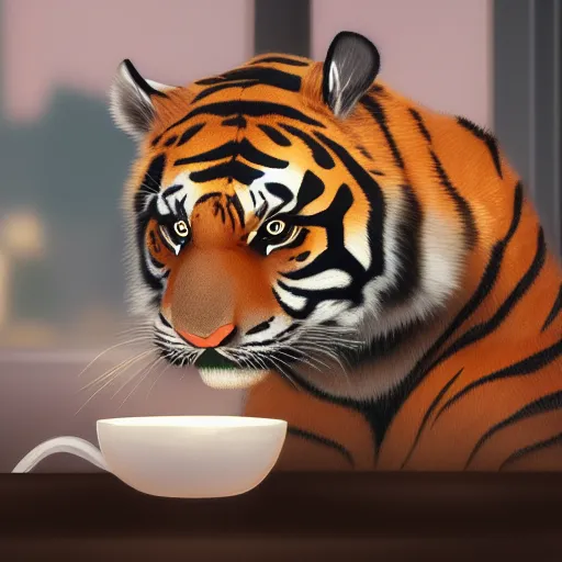 Prompt: A tiger chilling in a coffee shop sipping on his hot steaming coffee, hyperdetailed, artstation, cgsociety, 8k