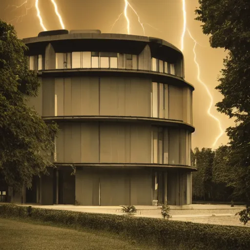 Prompt: a centered magnificent building of le Corbusier standing in the middle of manathan, apocalypse lightning, high quality, 4k