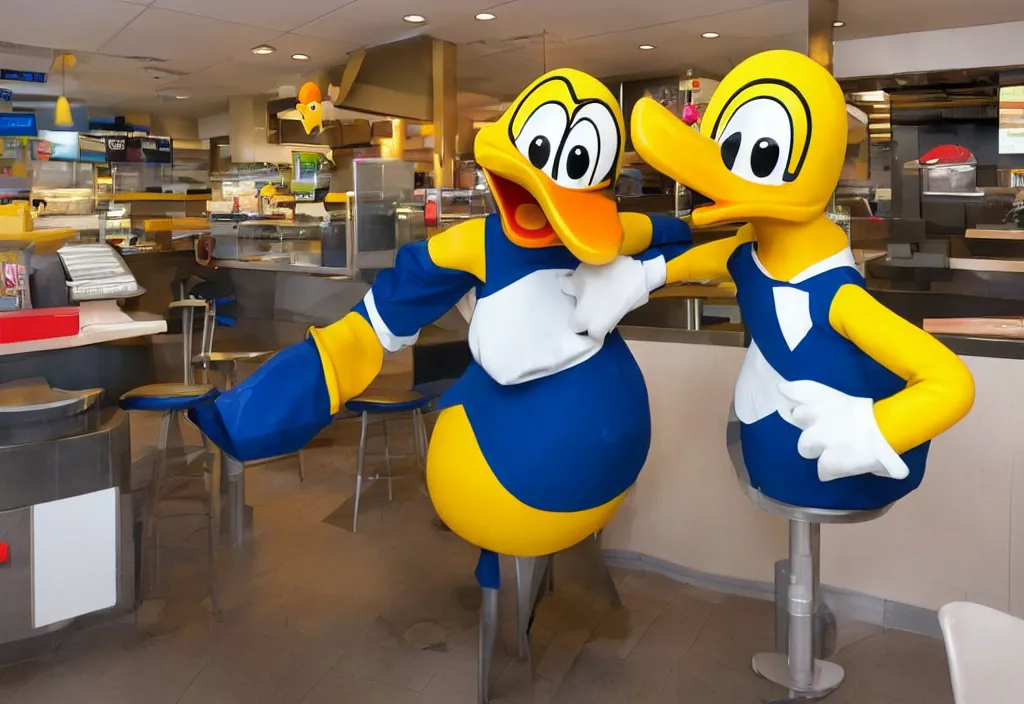 Prompt: donald duck working in mcdonalds