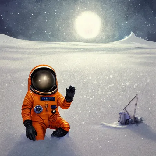 Image similar to astronaut in orange polar exploration suit kneeling down in snow behind a single small alien looking plant, concept art, painterly, artstation