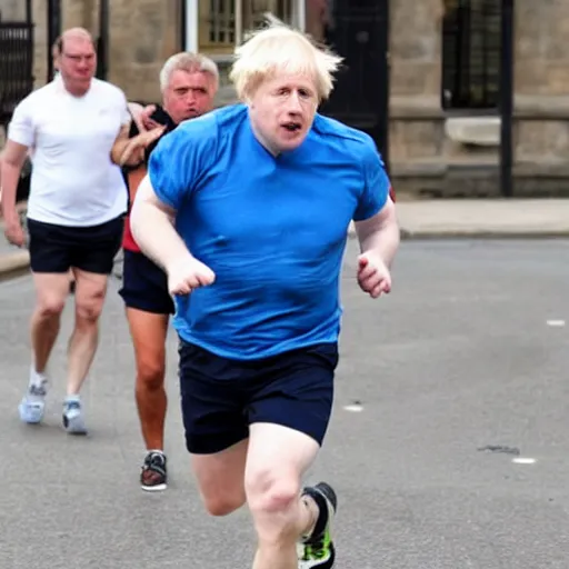 Prompt: Photo of Boris Johnson running, wearing a white t shirt and shorts