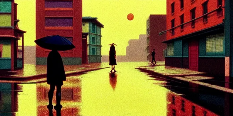 Image similar to an immaculate isometric cinematic keyframe matte painting of the silhouette of a young japanese girl standing in wide wet street 1 9 7 0 s vaporwave rust belt city at dusk with an oversized moon, just after the rain has cleared. by eric lafforgue, glennray tutor and edward hopper, greg rutkowski. trending on artstation.