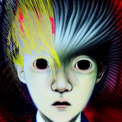 Image similar to yoshitaka amano blurred and dreamy three quarter angle portrait of a girl with white hair and black eyes wearing dress suit with tie, playstation 2 horror game, junji ito abstract patterns in the background, satoshi kon anime, chungking express color palette, noisy film grain effect, highly detailed, renaissance oil painting, weird portrait angle, blurred lost edges