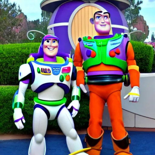 Prompt: buzz lightyear and woody in disneyland