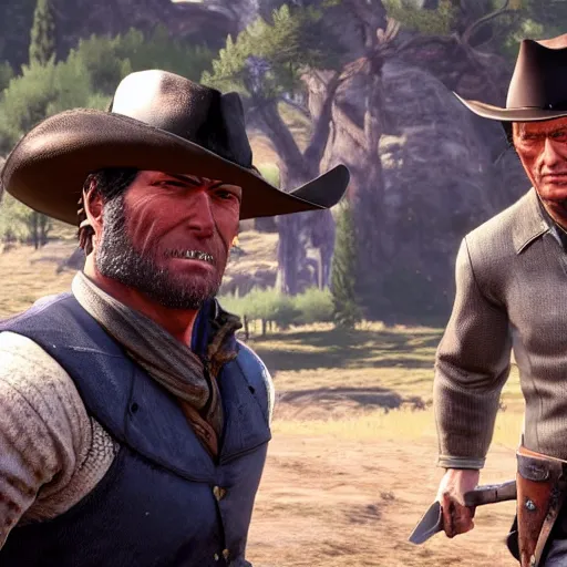 Prompt: arthur morgan dueling clint eastwood gunkata