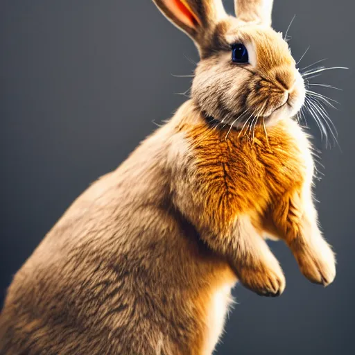 Image similar to a bunny in golden armor, zeiss lens, 5 0 mm, dynamic pose, action pose