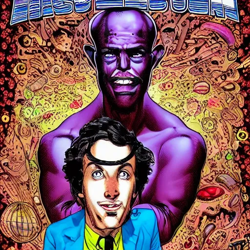 Image similar to a face on portrait of a young disillusioned engineer, by glenn fabry and jason edminston, psychedelic colors