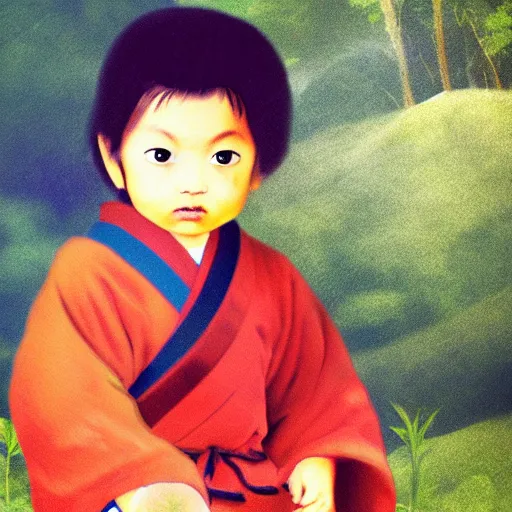 Prompt: Miyamoto Musashi as a toddler, digital art