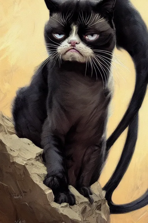 Prompt: Grumpy Cat Kitten, Black Panther, intricate, elegant, highly detailed, digital painting, artstation, concept art, smooth, sharp focus, illustration, art by artgerm and greg rutkowski and alphonse mucha