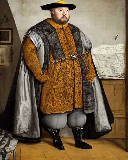 Image similar to fat gray cat with yellow eyes dressed like henry viii, tudor period menswear, hans holbein the younger, greg rutkowski, royal portrait, painting