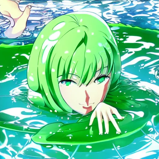 Image similar to a beautiful green slimegirl woman emerging from the center of a pool of slime in a bright white hallways, anime key visual