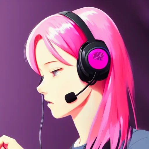 Prompt: beautiful girl with pink hair, working on her laptop, with headset on, night time, sharp focus, intricate, digital painting, artstation, official media, anime key visual, highly detailed, rich vivid colors ambient lighting, illustration, art by Artgerm, Makoto Shinkai, Ilya Kuvshinov, Lois Van Baarle and Rossdraws