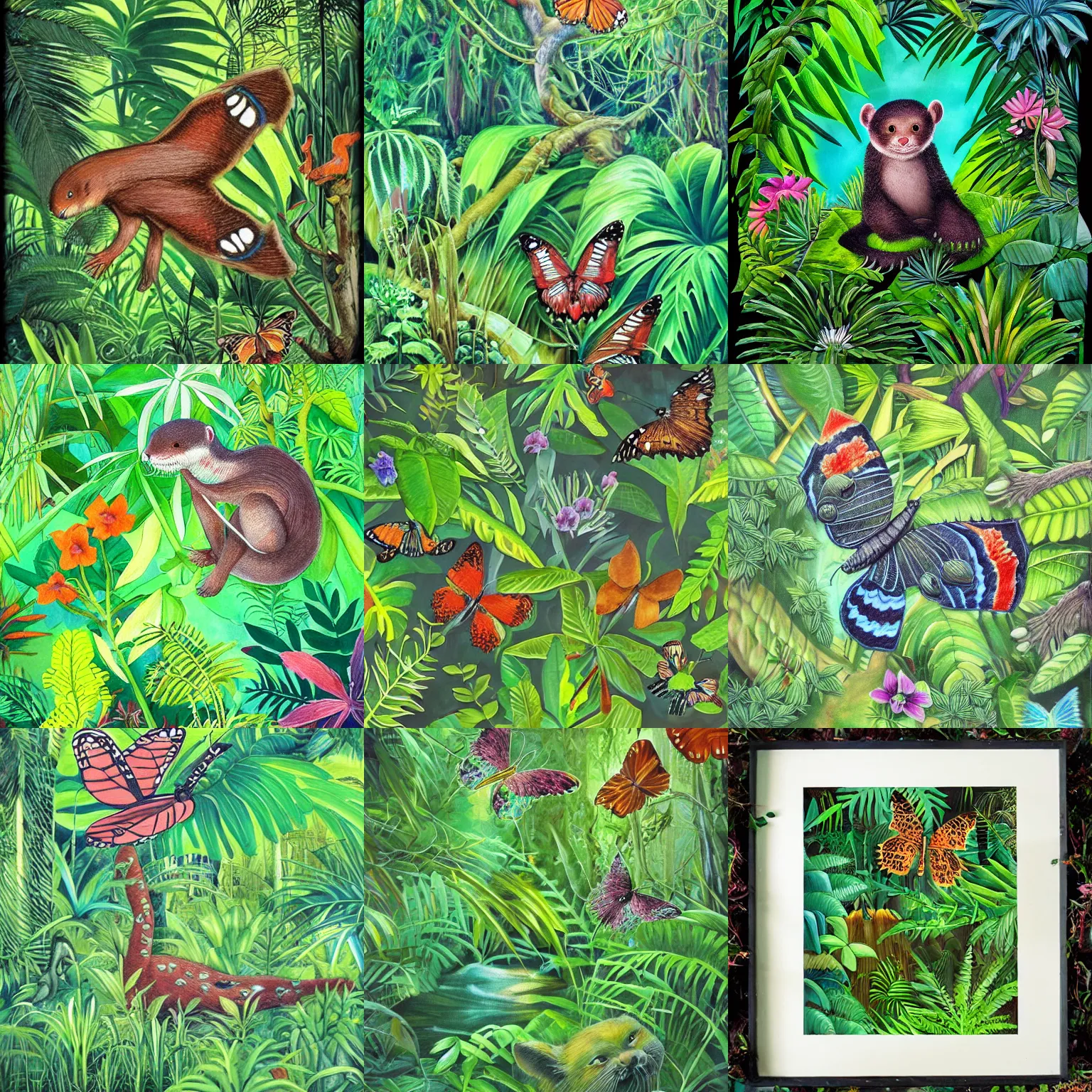 Prompt: lush jungle swamp, butterfly otter hybrid, playful, art, greenery, wildlife