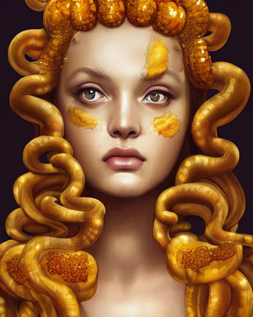 Prompt: beautiful medusa as honey, made of honey, wearing honey - themed miniskirt, award winning creature portrait photography, extremely detailed, artstation, 8 k, sensual lighting, incredible art, wlop, artgerm, backlit, rim lighting, hi - fructose