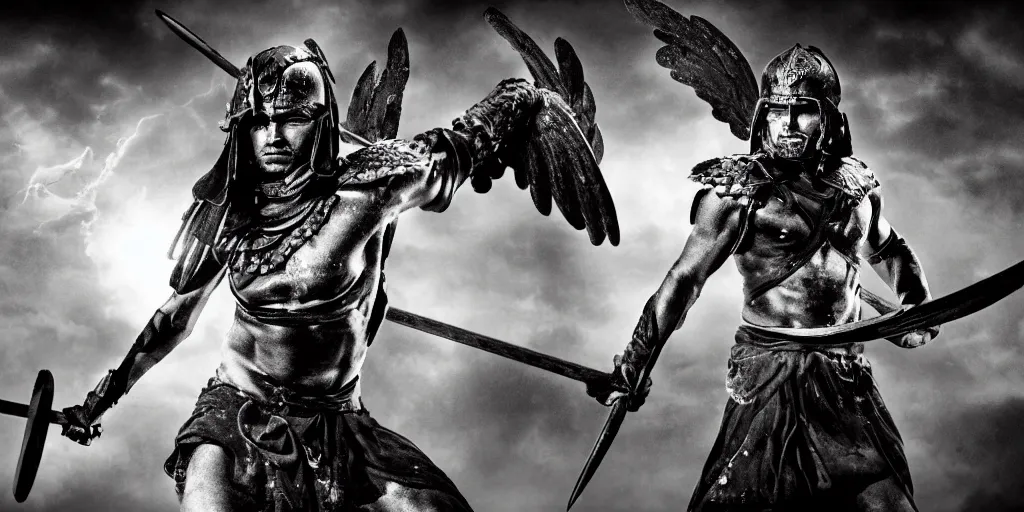 Prompt: one spartan warrior. With wings. fighting many demons. bollywood. award winning. sharp focus. cinematic lighting.