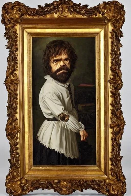 Prompt: a 1 6 0 0 s framed portrait painting of peter dinklage standing on a step stool, intricate, elegant, highly detailed