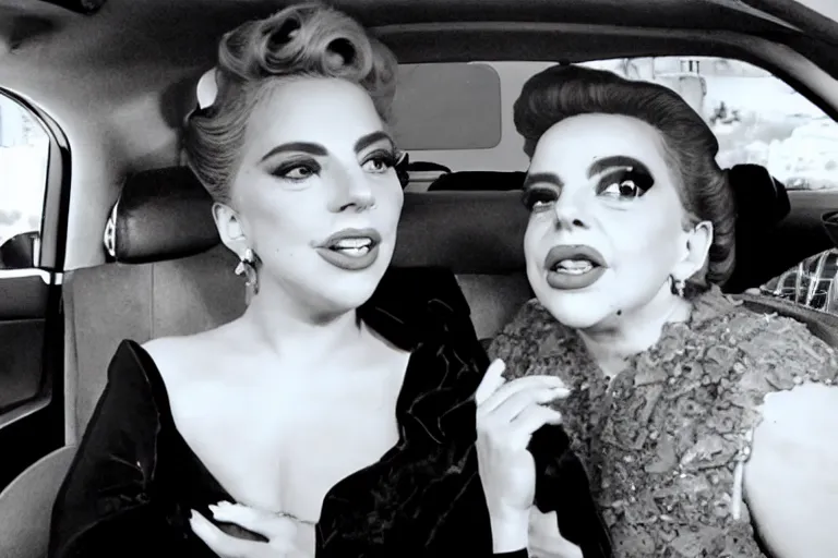 Image similar to lady gaga and judy garland doing carpool karaoke, lady gaga and judy garland, carpool karaoke, lady gaga, judy garland, carpool karaoke, youtube video screenshot, the late late show with james corden, higly realistic, high resolution, dashcam