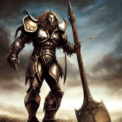 Prompt: Giant minotaur humanoid beast warrior with two handed axe, human face, concept art, heavy white and golden armor, giant taurus horns, long mane, full body, muscular, dungeons and dragons, hyperrealism, high details, digital painting, dark fantasy, grim helmet