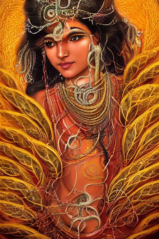 Prompt: an immaculate render of a dancing indian goddess adorned with leaves and cables and bird wings, dancing in a temple surrounded by wild tentacles made from mandalas and incense smoke, full body, perfect face, powerful, cinematic, beautifully lit, by artgerm, by karol bak, by android jones, 3 d, trending on artstation, octane render, 8 k