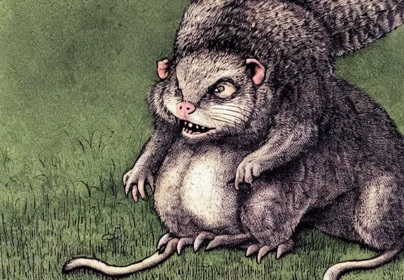 Image similar to possum monster in the wild, colorized, high detail, by Maurice Sendak