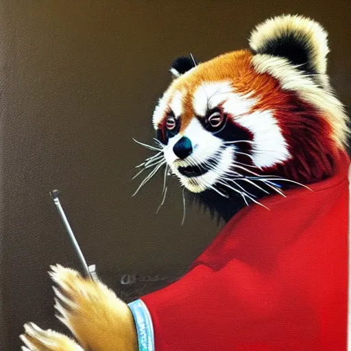 Image similar to oil painting of an anthropomorphic red panda in military uniform, amazing detail