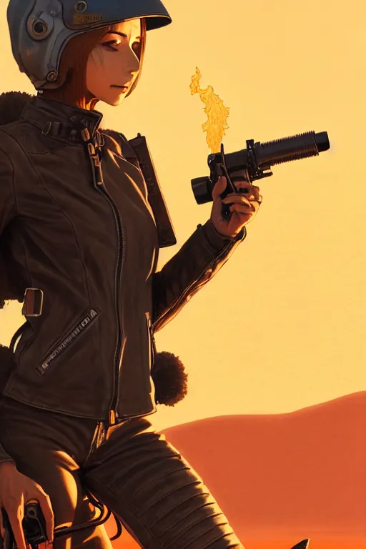 Image similar to a ultradetailed beautiful panting of post apocalyptic woman with motorbike in leather jacket with helmet in front of burning desert, anatomically correct, by ilya kuvshinov, greg rutkowski and makoto shinkai, trending on artstation