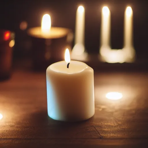 Image similar to dslr, candle that is lit on a table, in a candle holder, in a dark room, eerie glow, extreme quality, real photo, real camera, moody lighting, 8 k