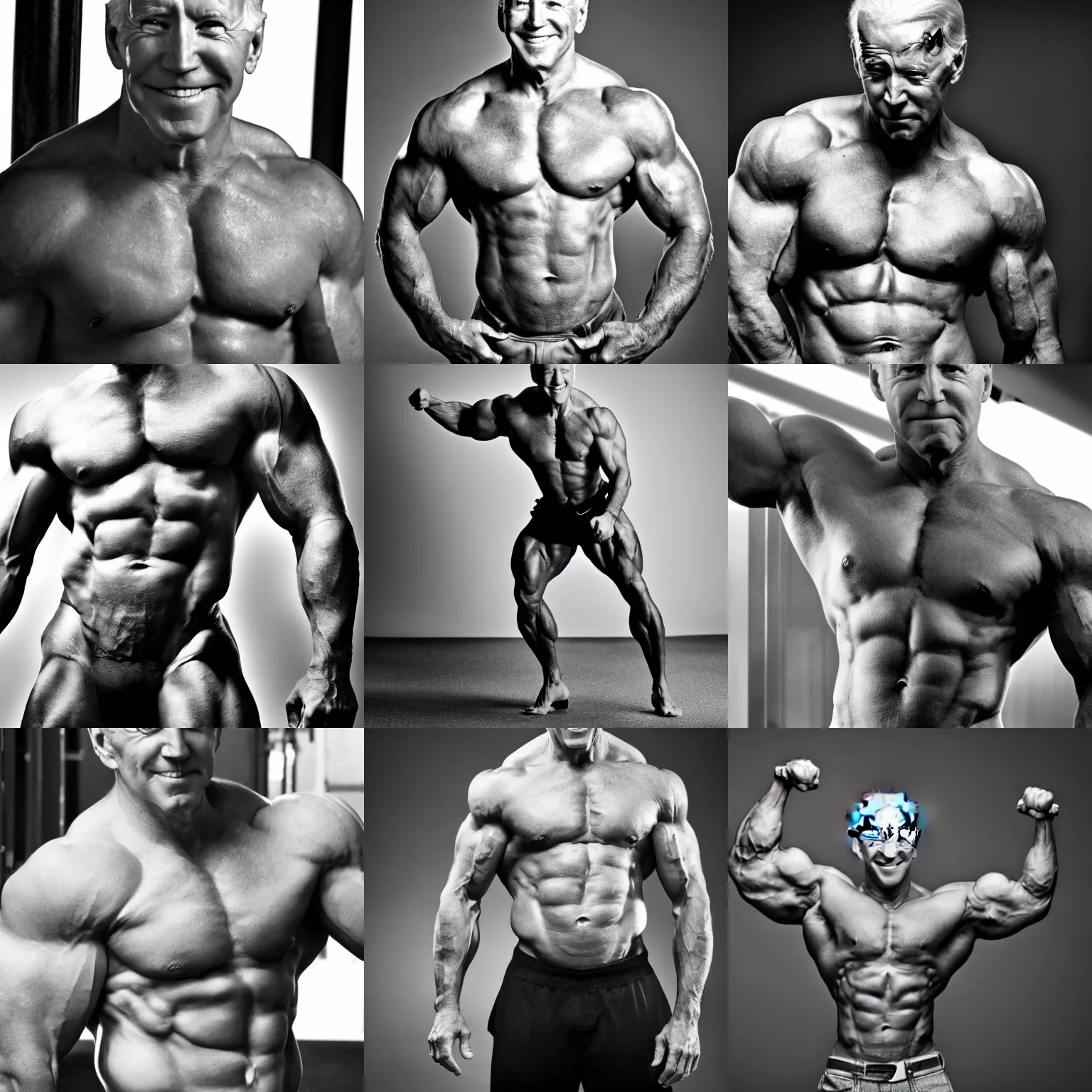 Prompt: joe biden, body builder, muscular, shirtless, dynamic pose, flexing, full body portrait, 4 k greyscale hd photography