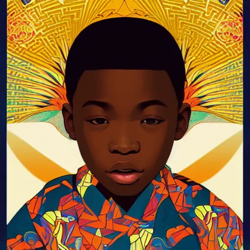 Image similar to colourful upper half portrait of an african boy - in japanese retro poster design illustration style, art by hsiao - ron cheng & alphonse mucha, highly detailed, digital painting, illustration, smooth, sharp focus, intricate, symmetry, pinterest, behance,