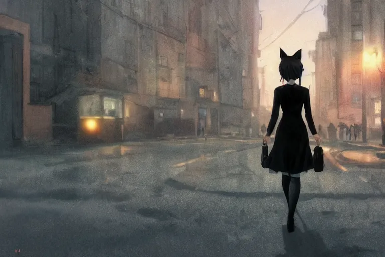Prompt: a woman with cat ears in a black dress and thigh highs walking in a dark soviet city, digital illustration, beautiful face, volumetric, by makoto shinkai, by yoshitaka amano, by greg rutkowski, by dan mumford, highly detailed, composition, 4 k, forward facing pose, detailed street, photorealism, octane render