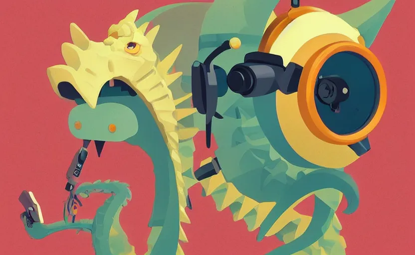 Prompt: close - up of a dragon wearing a radio in his neck, james gilleard, print, game art